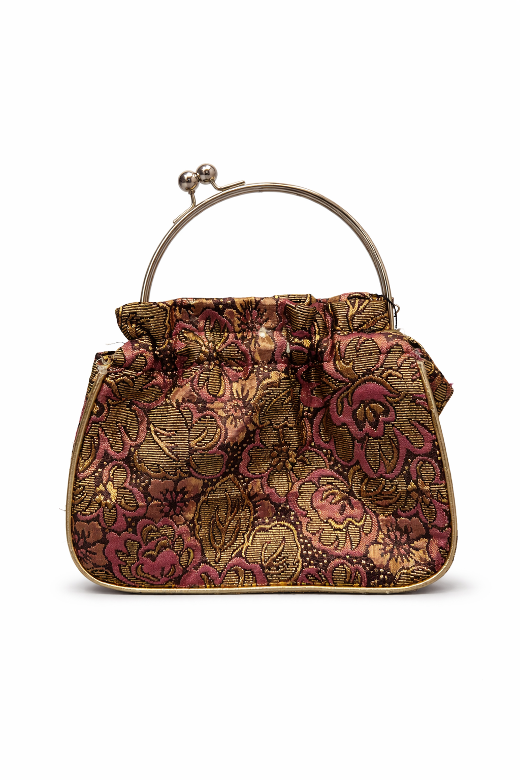 Bolsa vintage castanha estilo saco com flores vermelhas bordadas