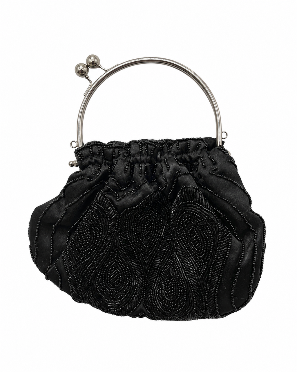 Bolsa vintage preta estilo saco com aplicações de fetos e missangas.