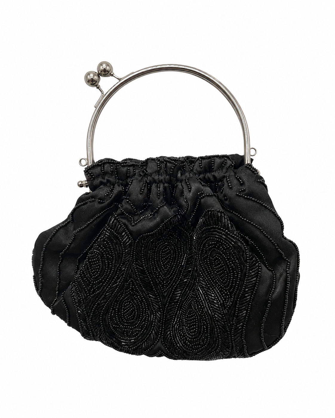 Bolsa vintage preta estilo saco com aplicações de fetos e missangas.