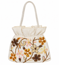 Bolsa vintage castanha estilo saco com flores vermelhas bordadas