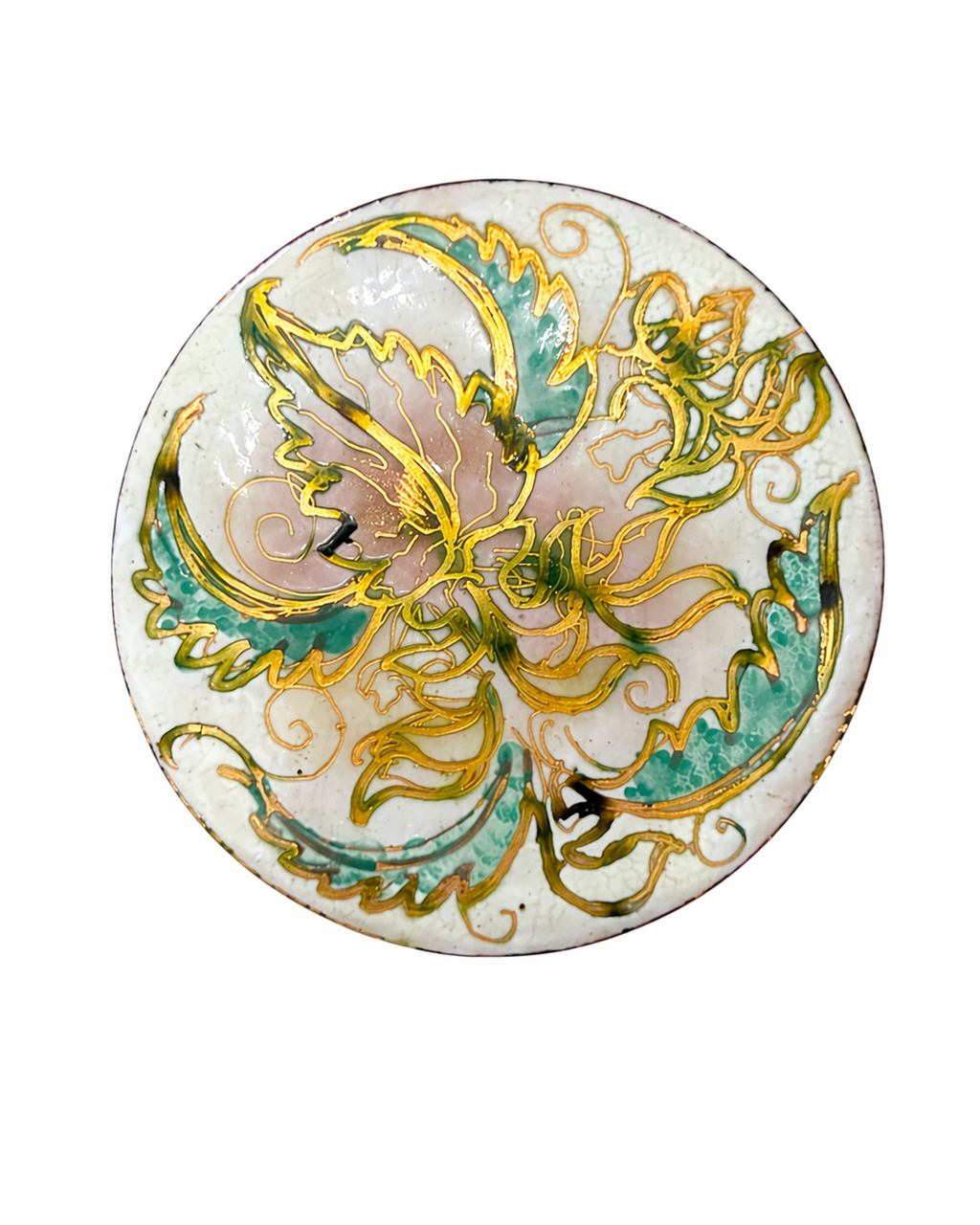 Broche vintage de cloisonné de flor grande en esmalte rosa y hojas en verde