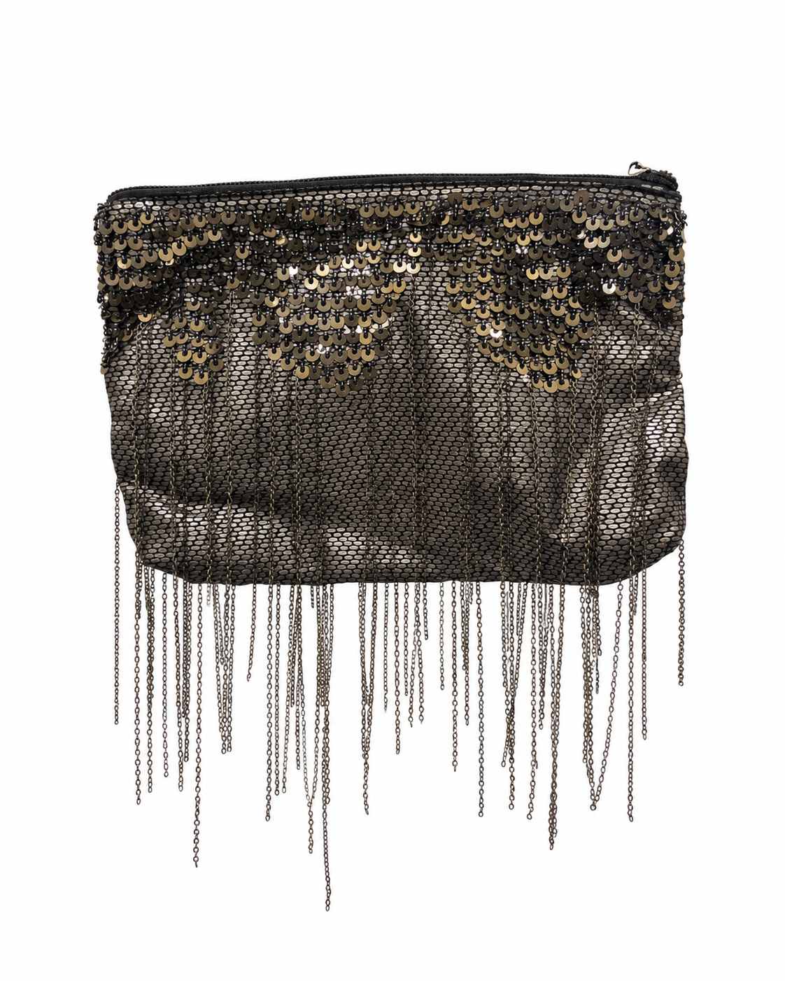 Bolsa vintage prateada, estilo carteira, com correntes boho.