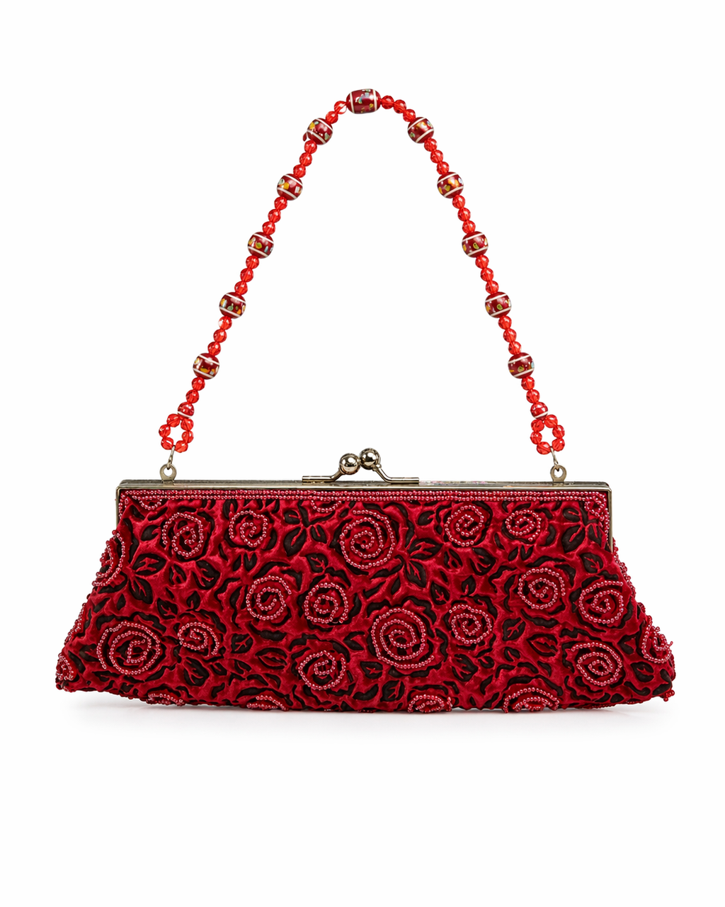 Bolsa vintage castanha estilo saco com flores vermelhas bordadas
