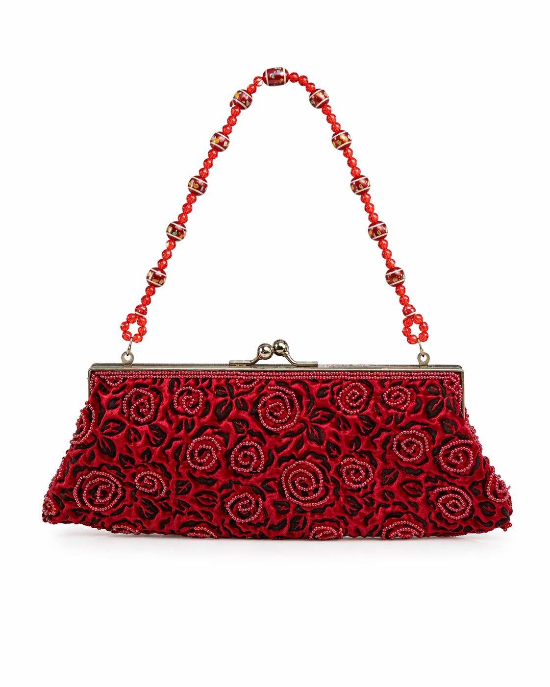 Bolsa vintage castanha estilo saco com flores vermelhas bordadas