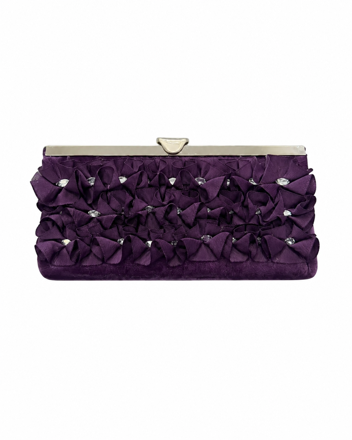 Bolso vintage morado tipo clutch de raso con apliques