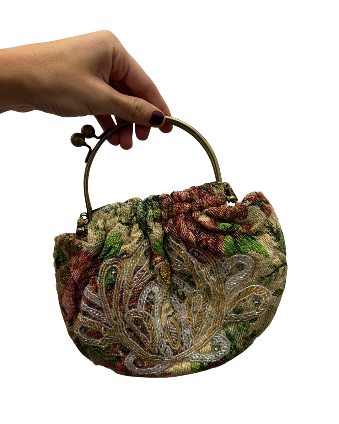 Bolso vintage bombonera rosa, verde y crudo con flores