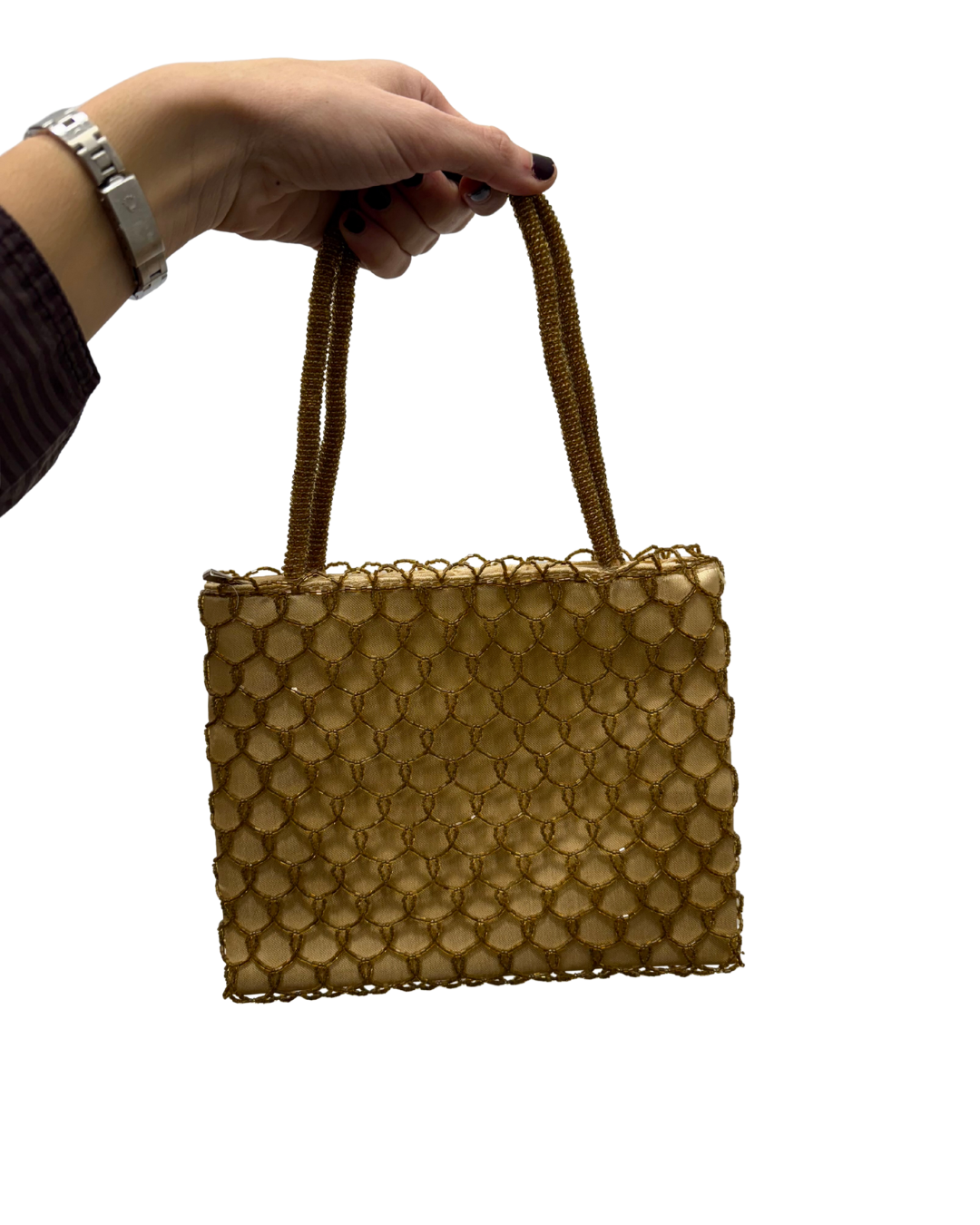 Bolso vintage dorado tipo saco cubierto con malla de cuentas