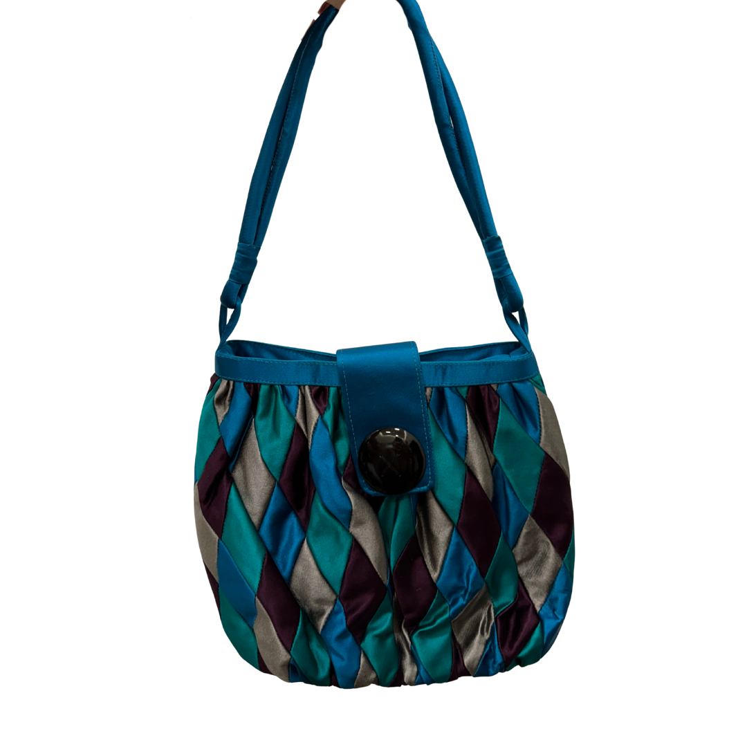 Bolso vintage azul tipo saco de raso a rombos marrones