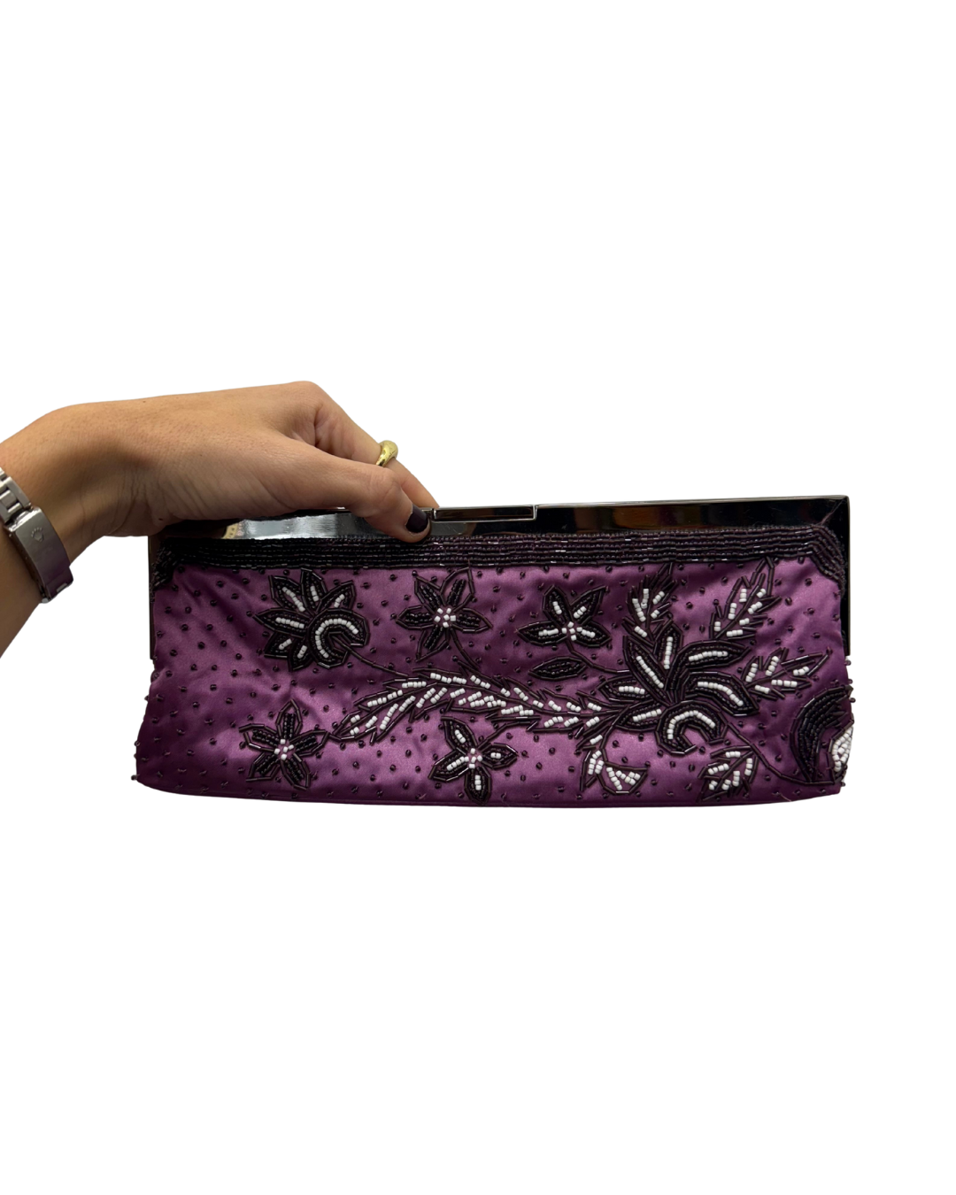 Bolso vintage rosa malva tipo clutch con helechos bordados