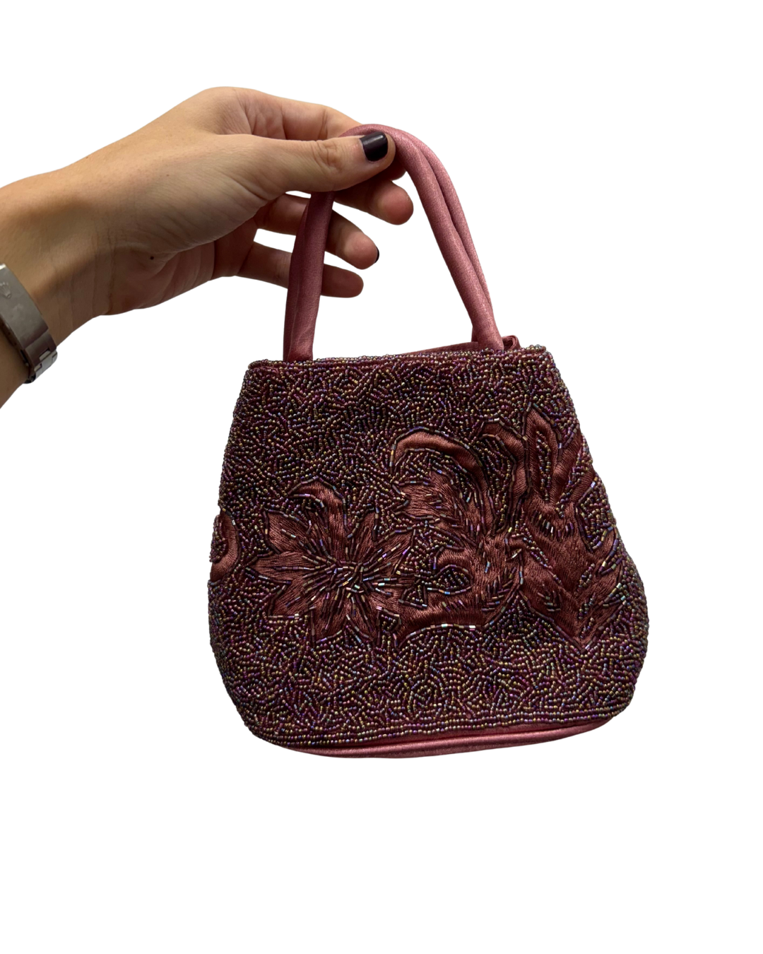 Bolso vintage rosa tipo saco de flores bordadas con cuentas y abalorios