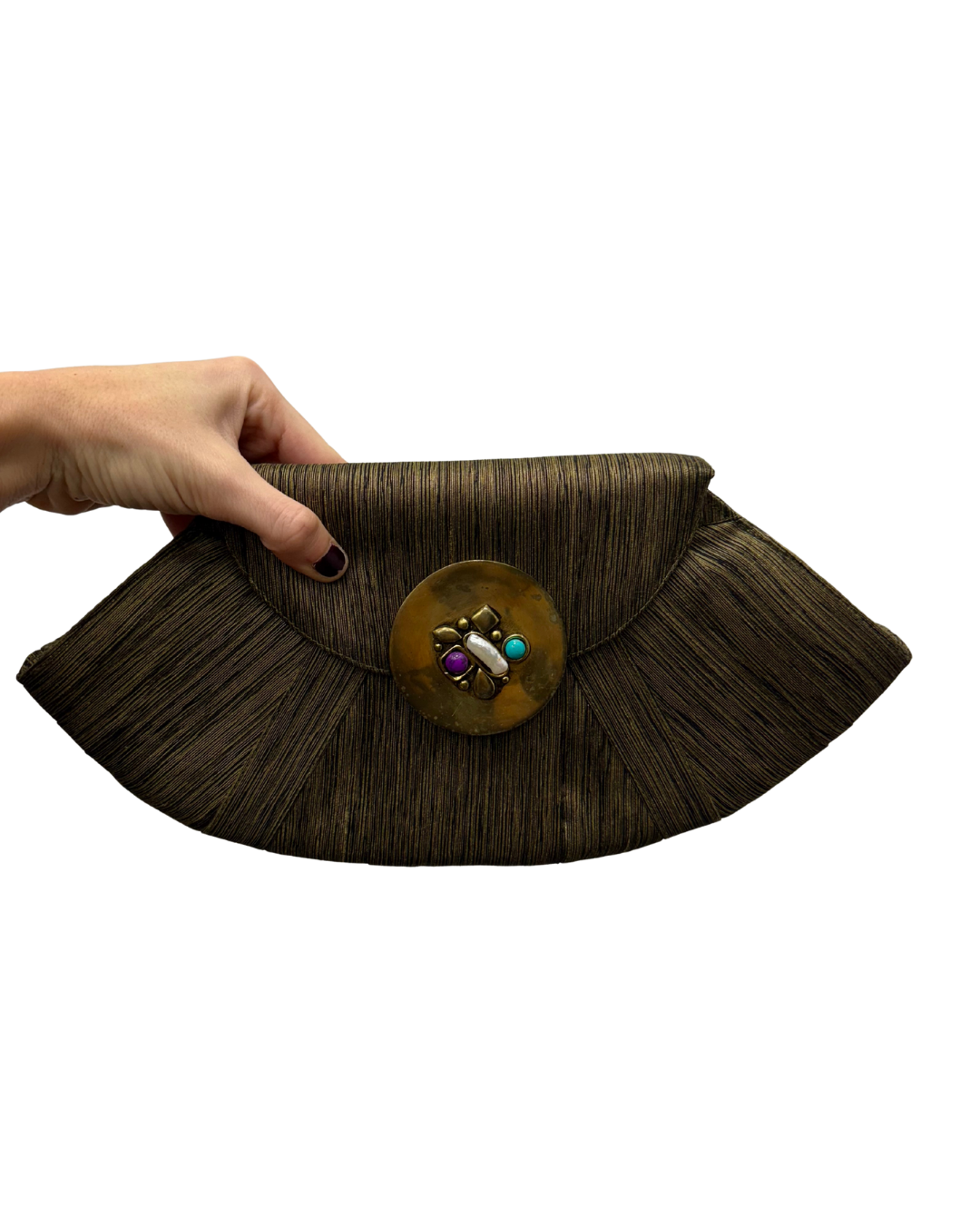 Bolso vintage cartera ocre tipo clutch con cierre de pedrería y cadena de pulsera