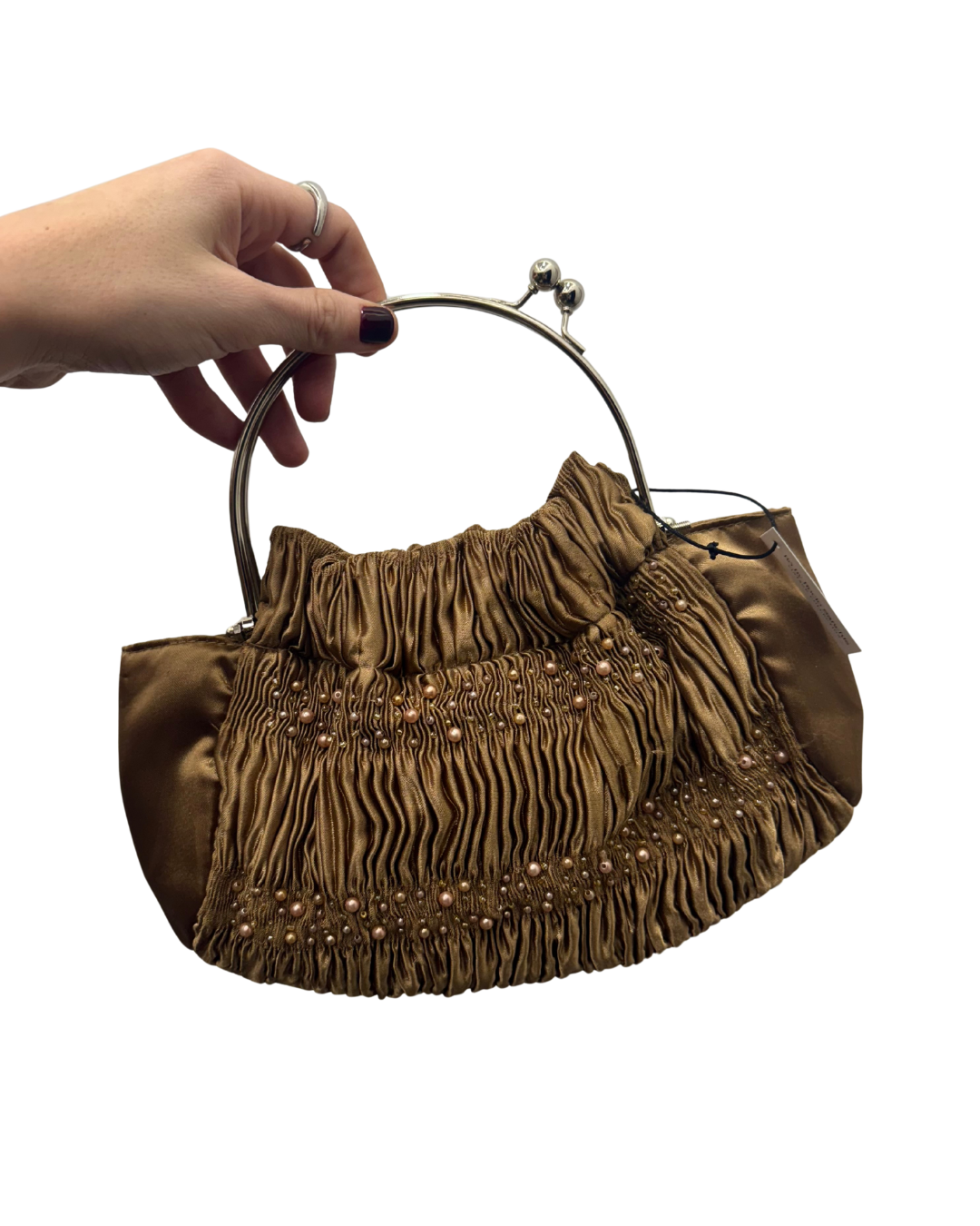 Bolso vintage bombonera marrón camel plisado bordado con cuentas