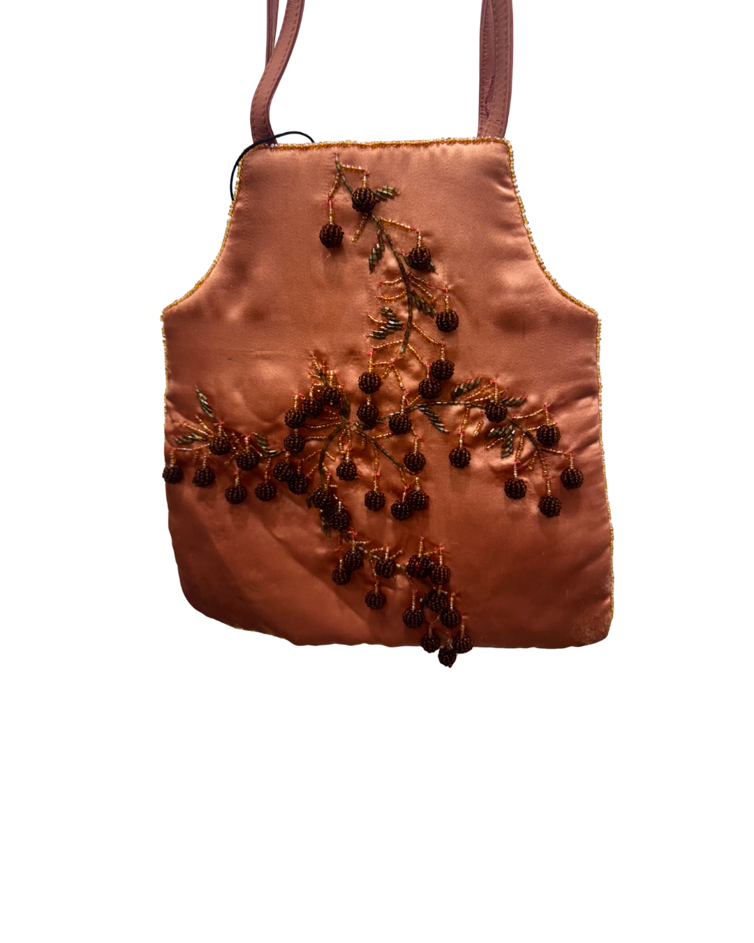 Bolso vintage rosa tipo saquito con helechos bordados en relieve con cuentas