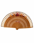 Abanico vintage español de madera natural con motivos florales pintados a mano en rojo y naranja 19 cm