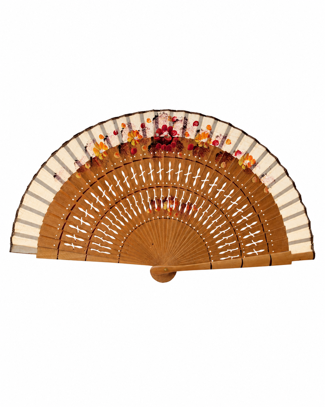 Abanico vintage español de madera natural con motivos florales pintados a mano en rojo y naranja 19 cm
