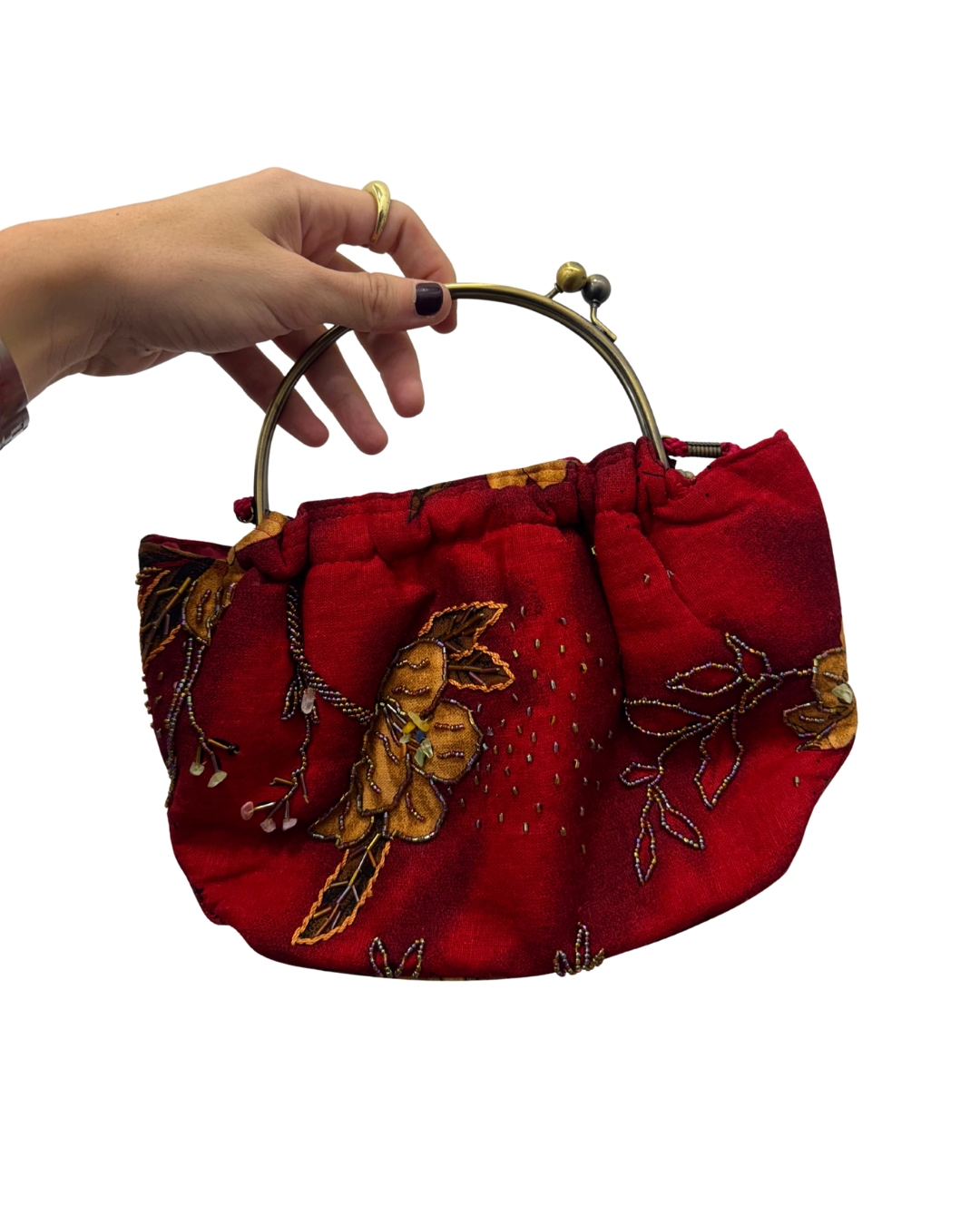 Bolso vintage bombonera rojo de flores bordadas con cuentas de colores