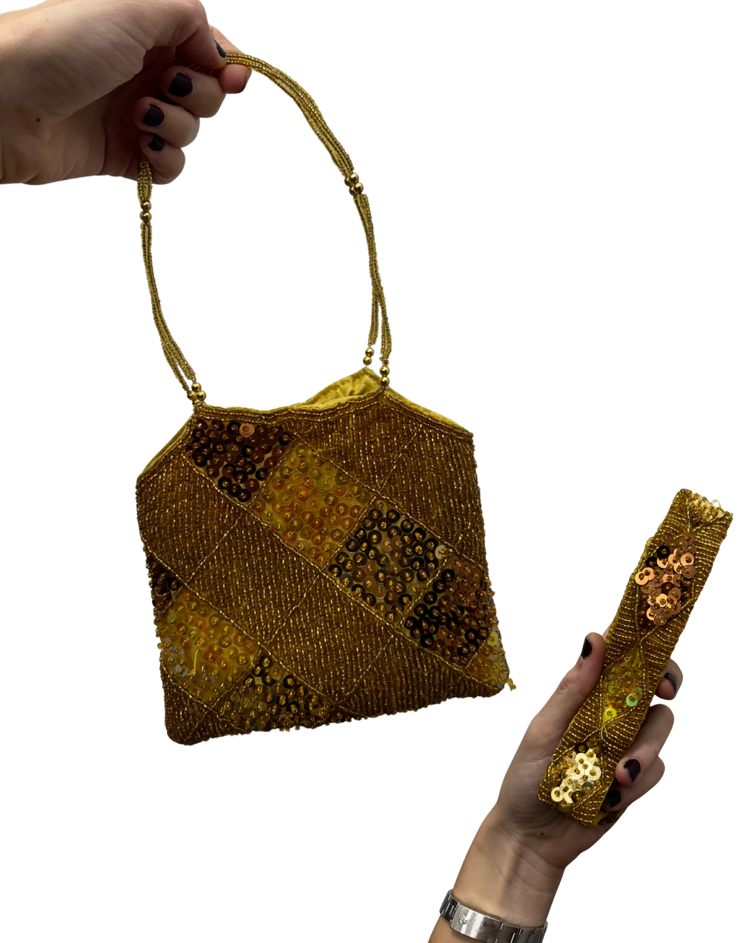 Conjunto vintage dorado de cinturón/collar y bolso bordado de cuentas