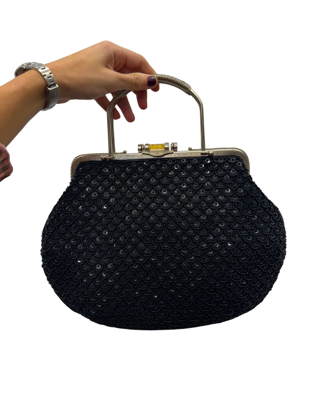 Bolso vintage bombonera negra bordado con lentejuelas en patrón
