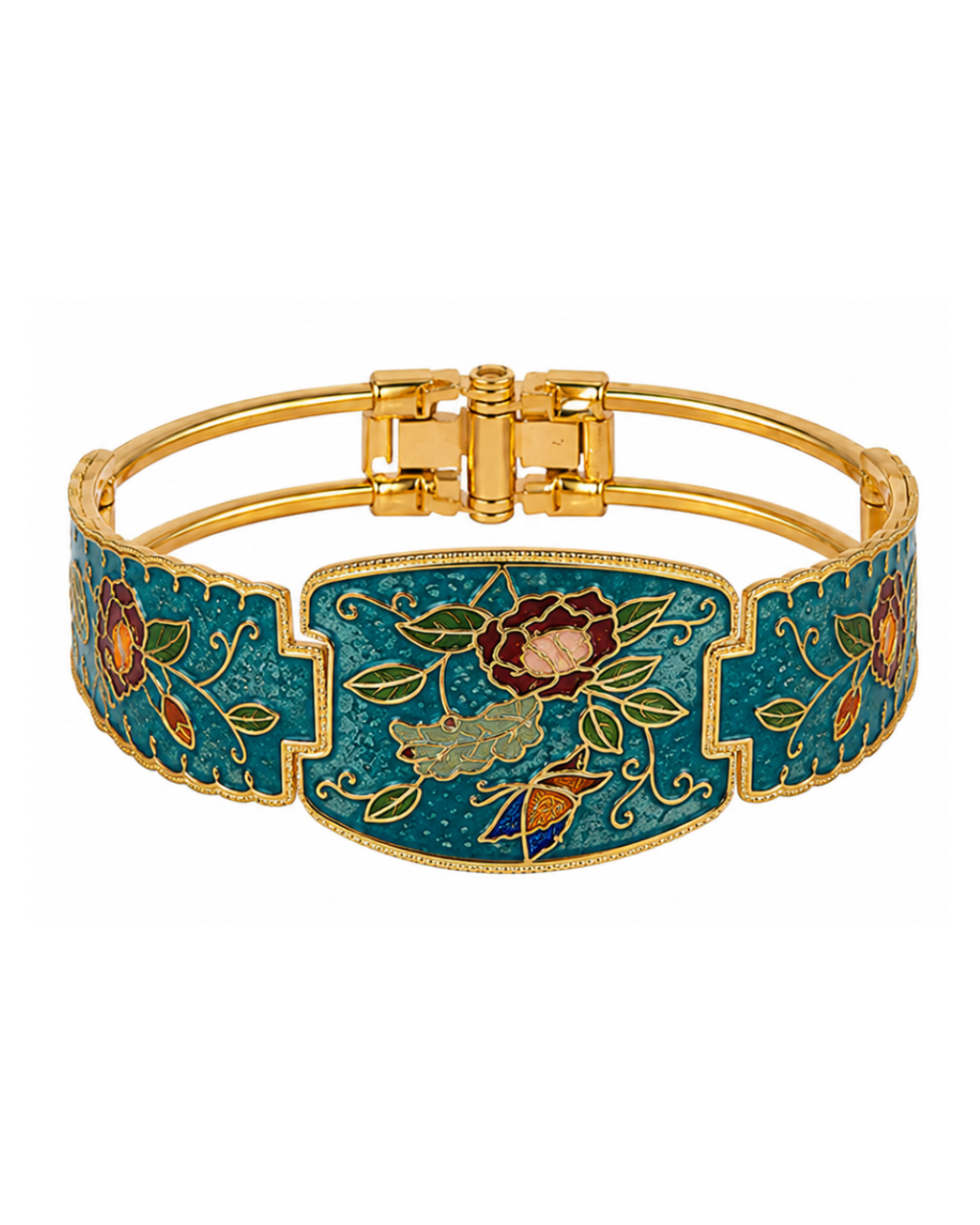Pulsera vintage de cloisonné azul claro con mariposa y flores azul oscuro y rojo