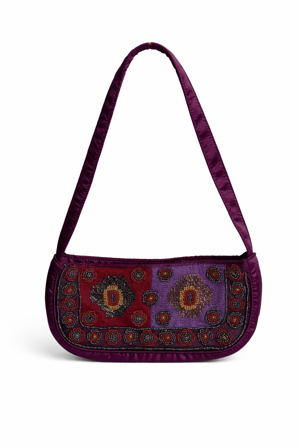Bolsa vintage castanha estilo saco com flores vermelhas bordadas