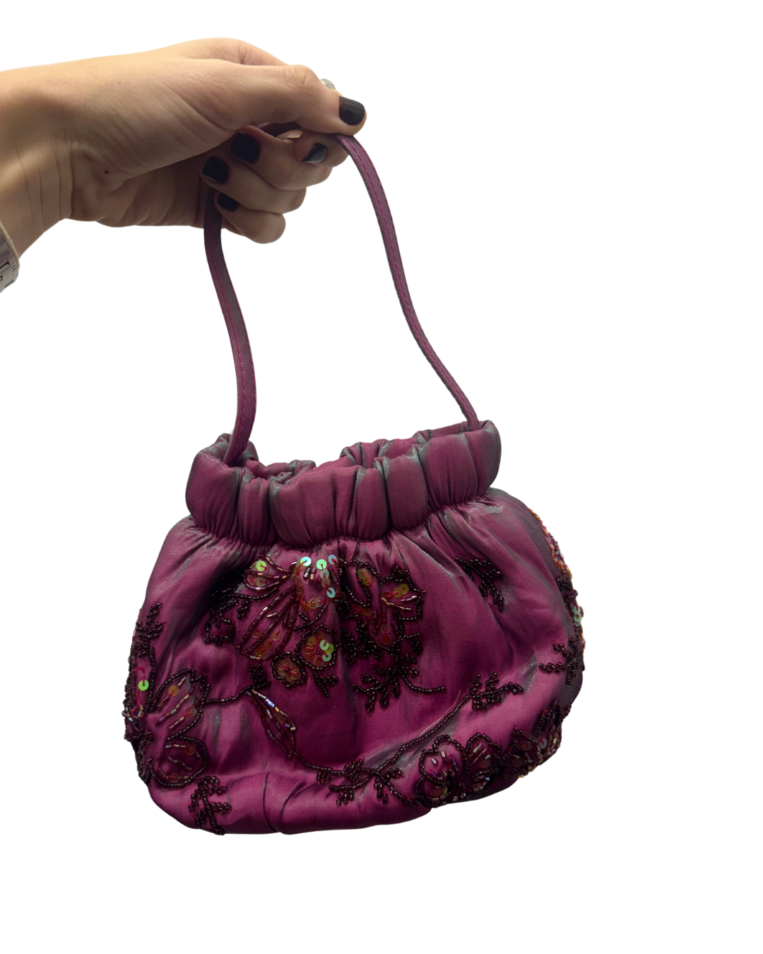 Bolso vintage rosa magenta tipo saco tornasolado con flores bordadas