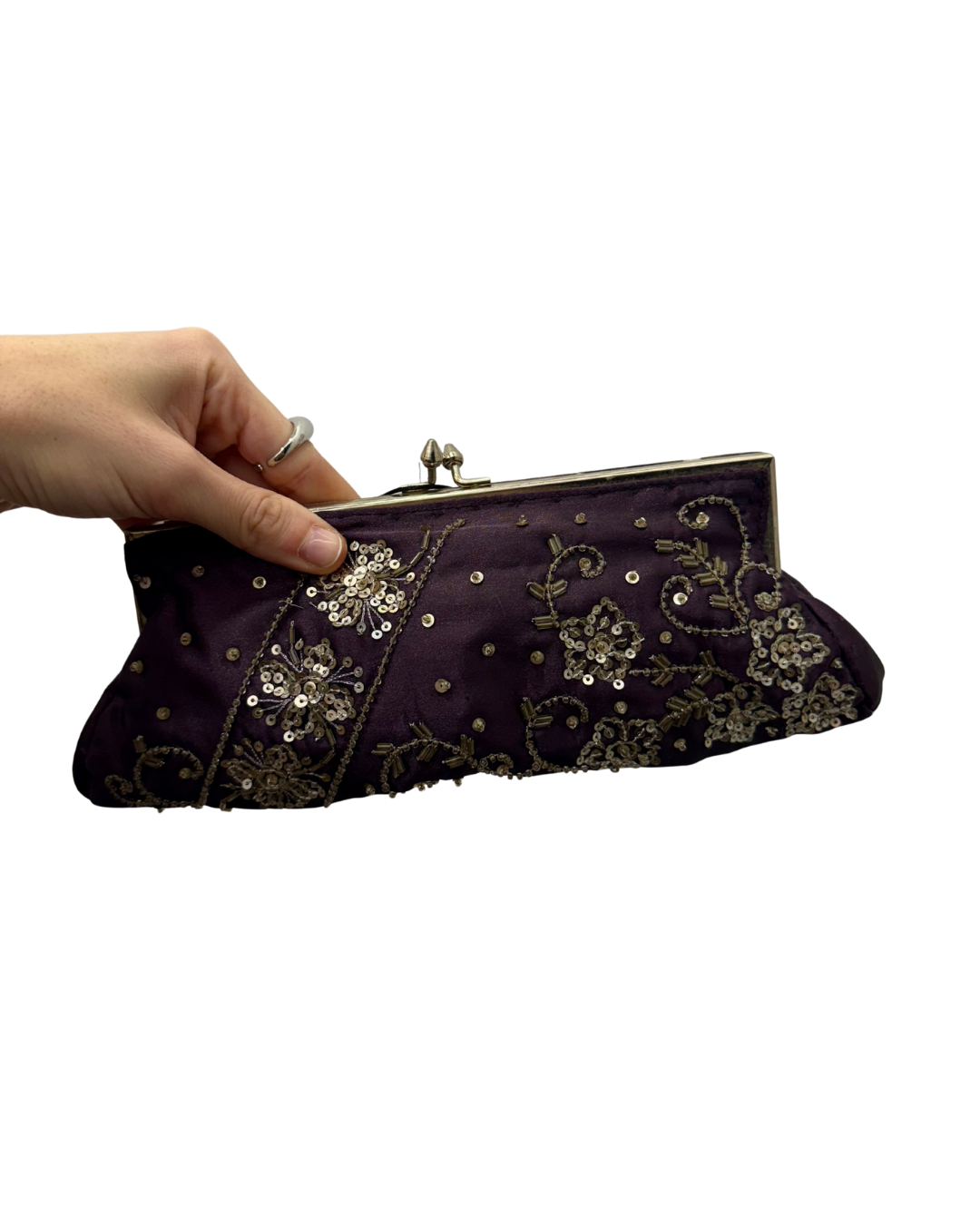 Bolso vintage berenjena tipo clutch con helechos bordados de de cuentas plata