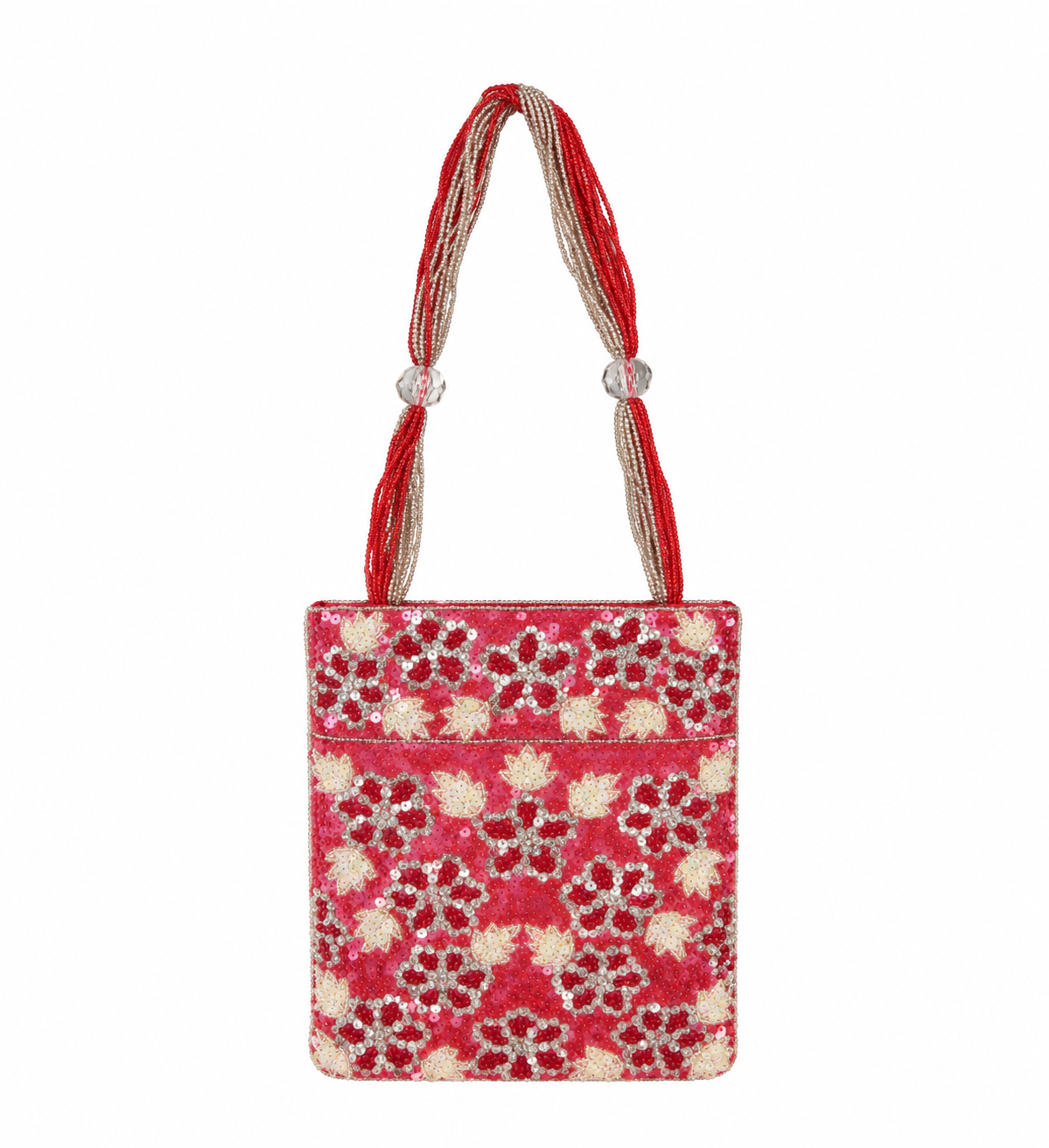 Bolso vintage tipo saquito rojo con asa de cuentas