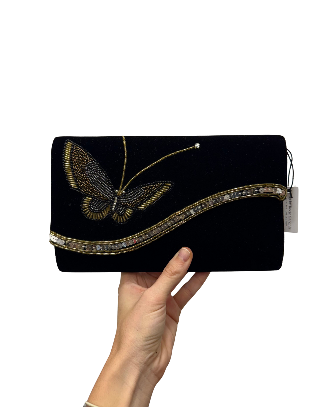 Bolso vintage cartera negro de terciopelo con una mariposa y lentejuelas bordadas