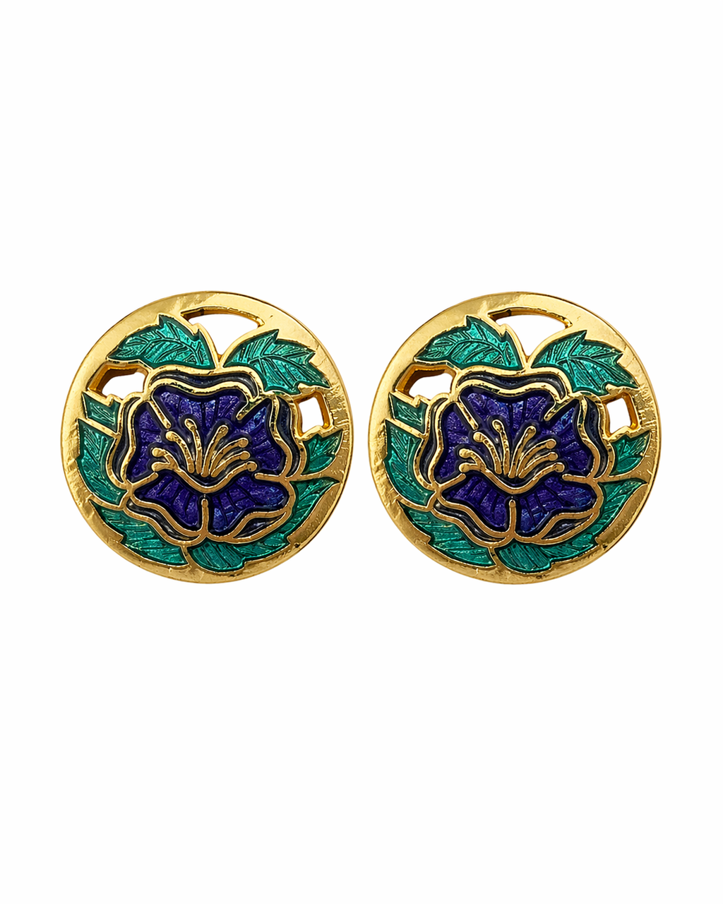 Pendientes vintage de cloisonné de flores en esmalte verde y azul oscuro