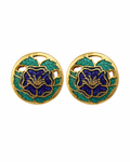 Pendientes vintage de cloisonné de flores en esmalte verde y azul oscuro