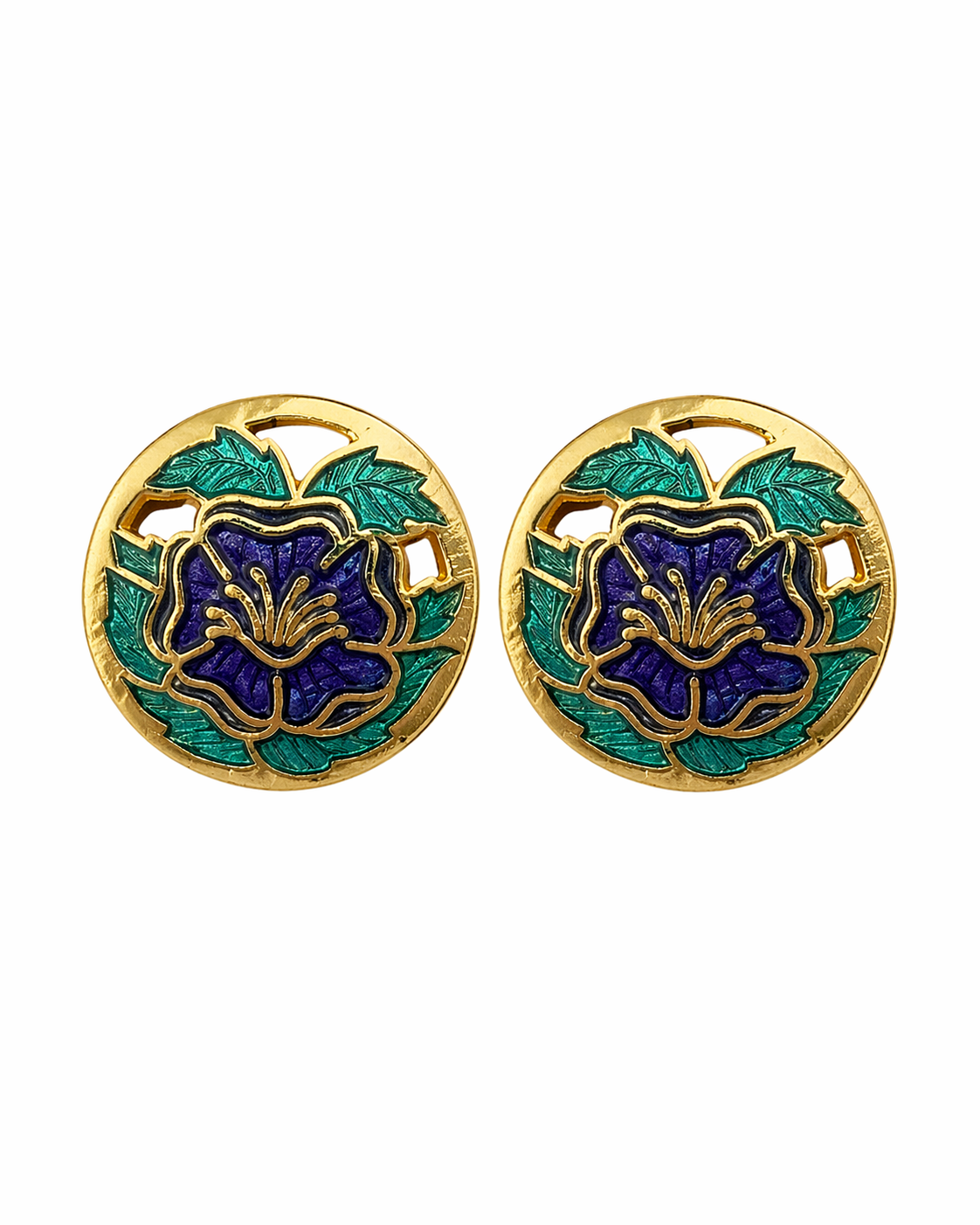 Pendientes vintage de cloisonné de flores en esmalte verde y azul oscuro
