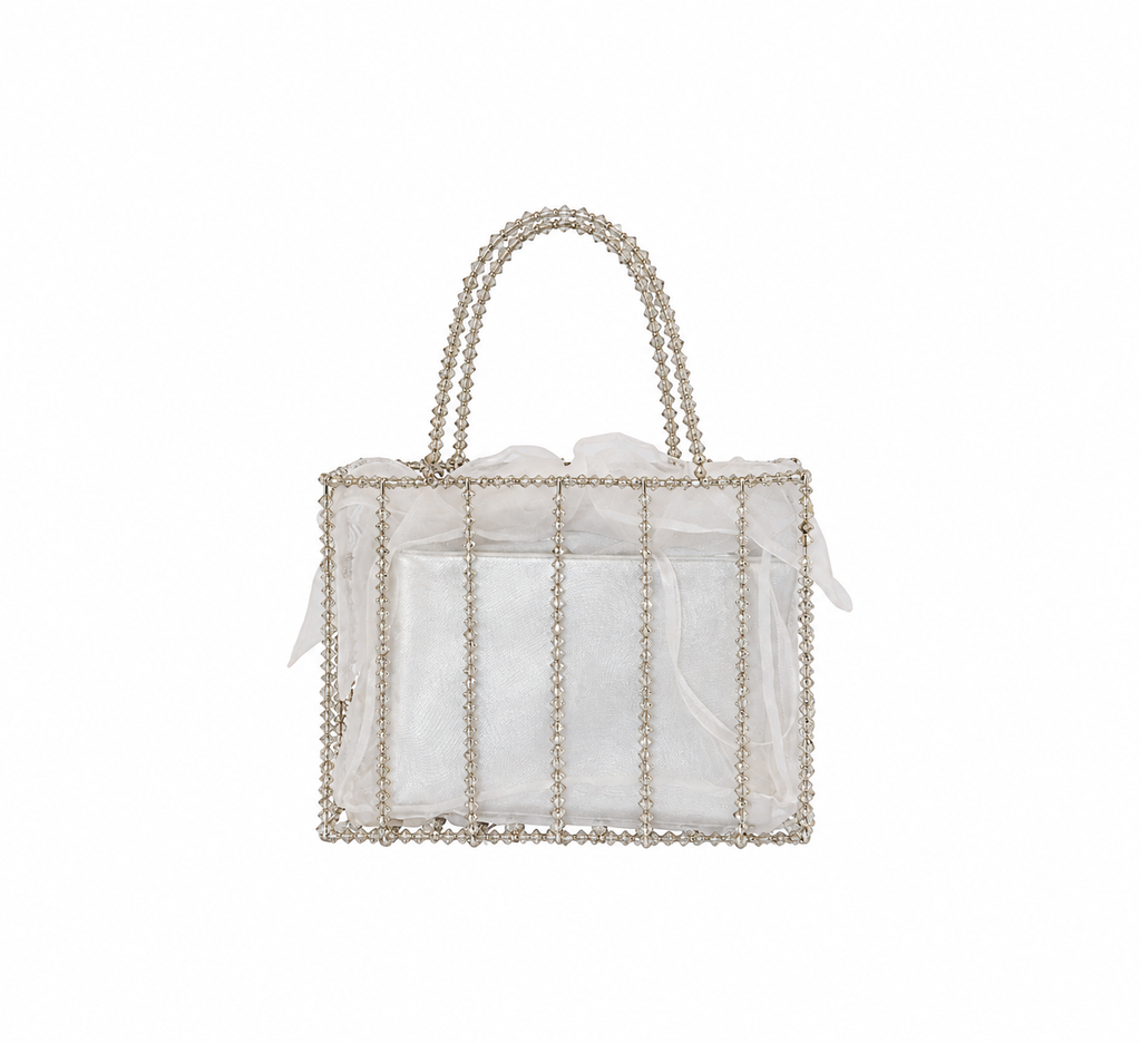 Bolso vintage tipo saco con abalorios plateado