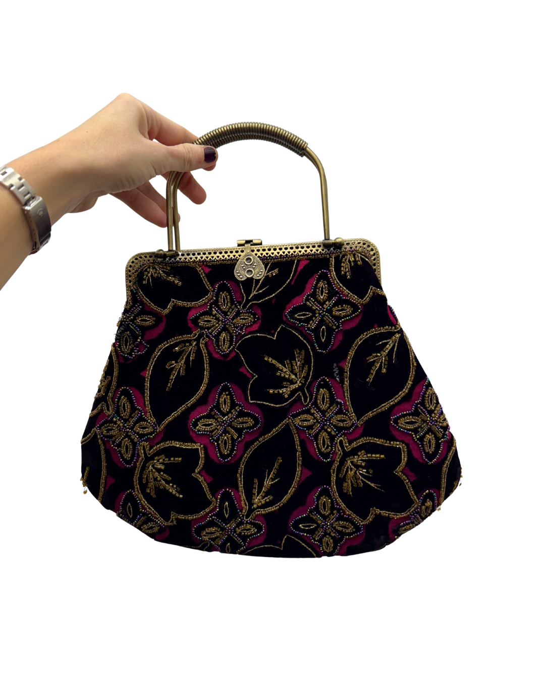 Bolso vintage bombonera con flores y asa metálica