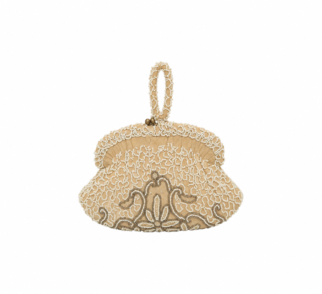 Bolso vintage con asa y con abalorios beige y blanco