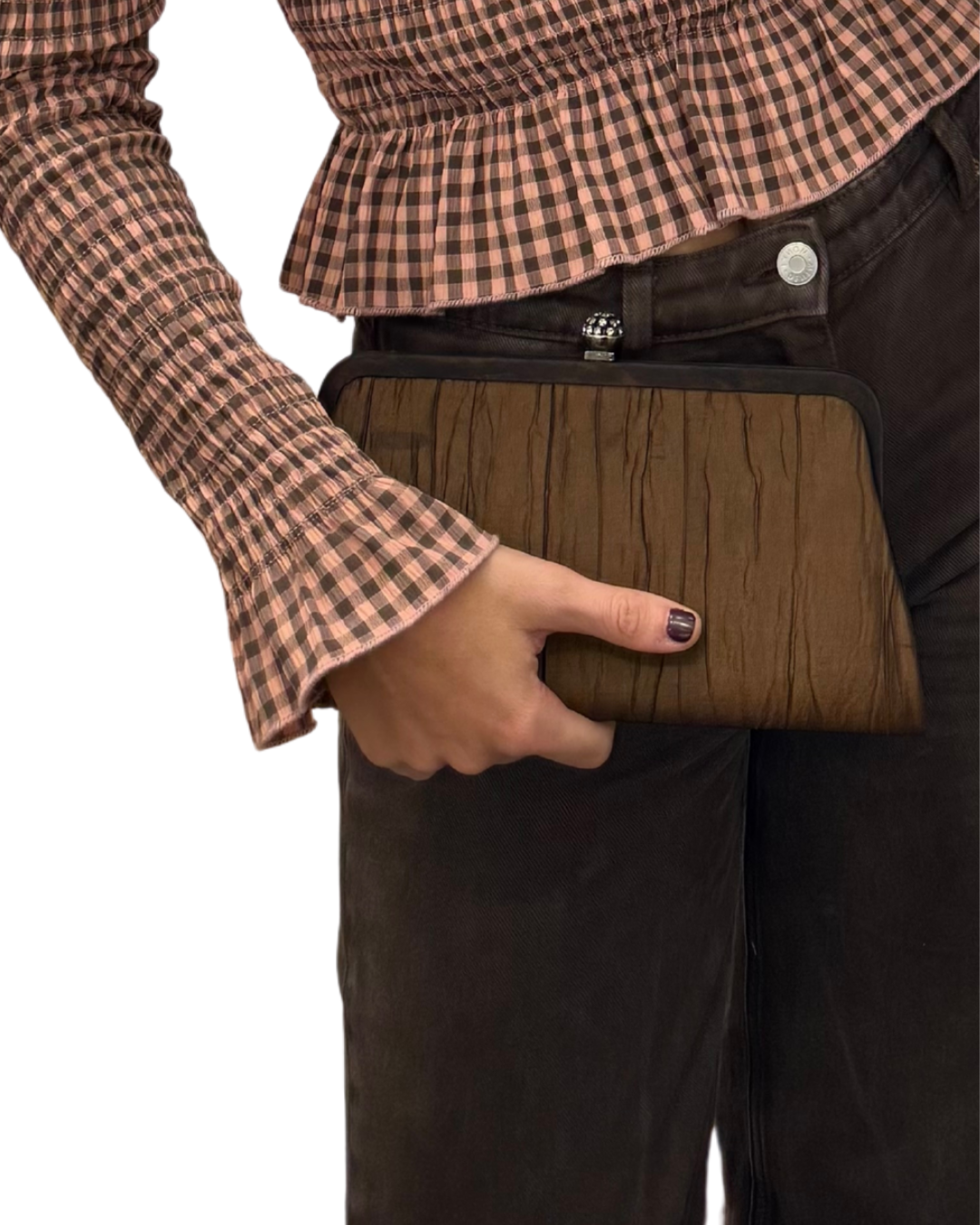 Bolso vintage cartera marrón de raso tipo clutch con boquilla especial