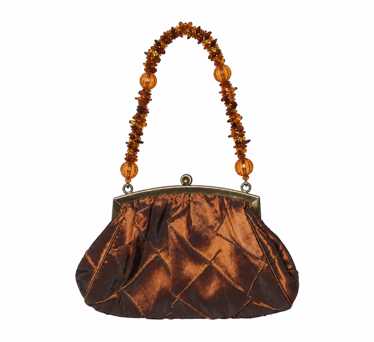 Bolsa vintage castanha estilo saco com flores vermelhas bordadas