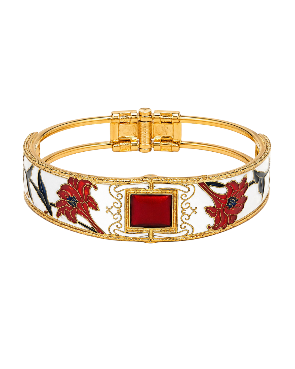Pulsera vintage de cloisonné blanco y carmesí con flores y helechos