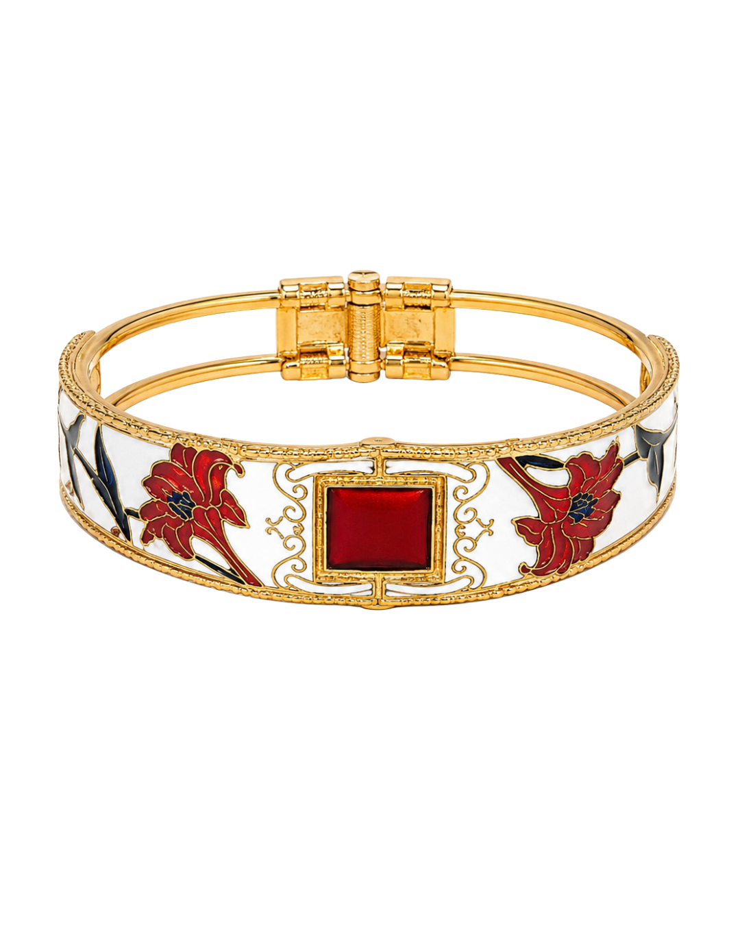 Pulsera vintage de cloisonné blanco y carmesí con flores y helechos
