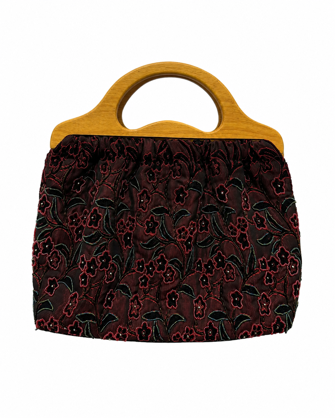 Bolso vintage rojo con flores bordadas con cuentas y asa de madera