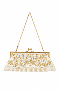 Bolso vintage blanco y dorado tipo clutch con cadena incorporada