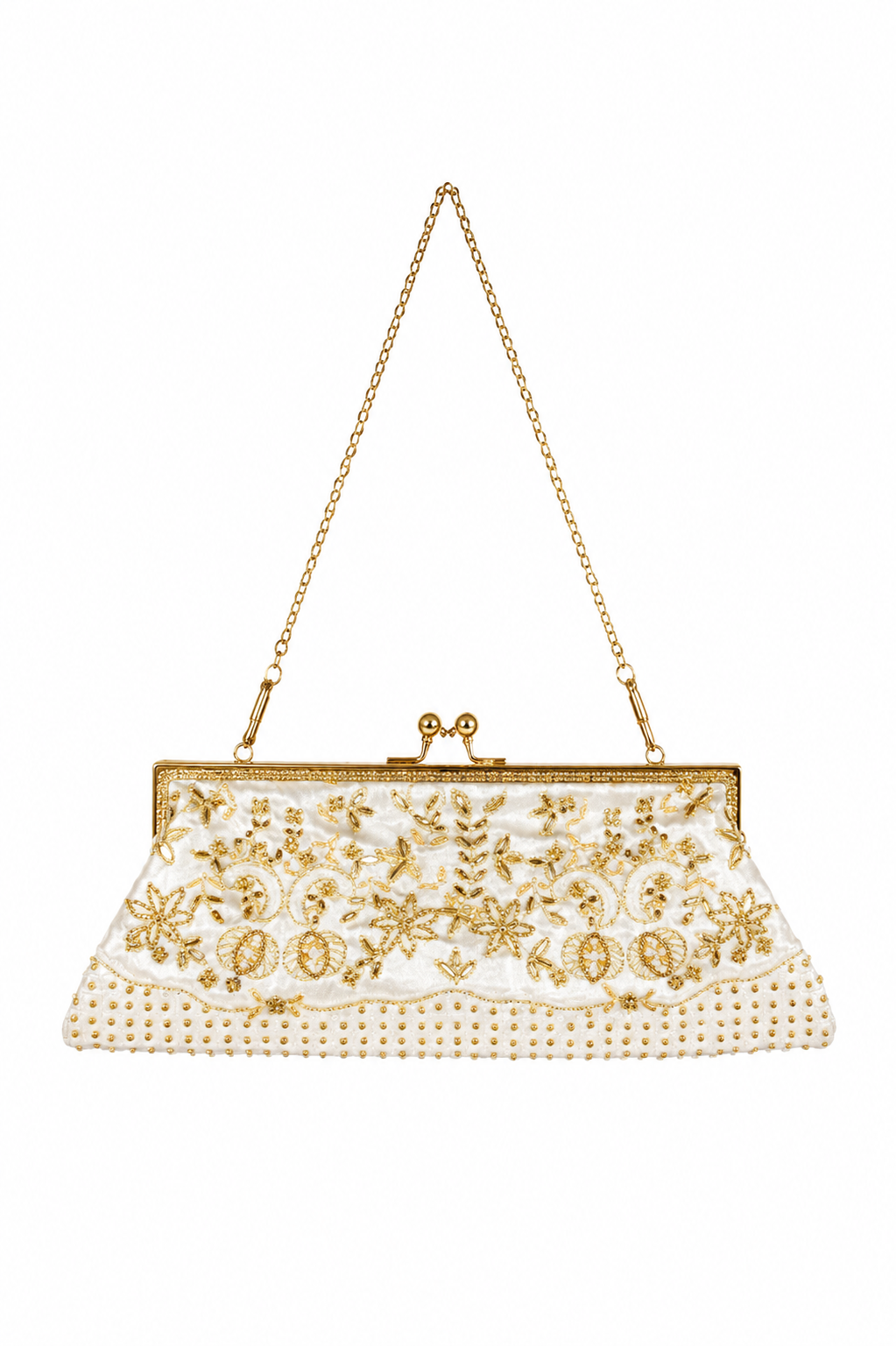 Bolso vintage blanco y dorado tipo clutch con cadena incorporada
