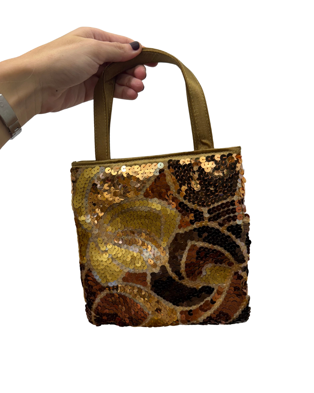 Bolso vintage ocre tipo saco de raso con lentejuelas bordadas