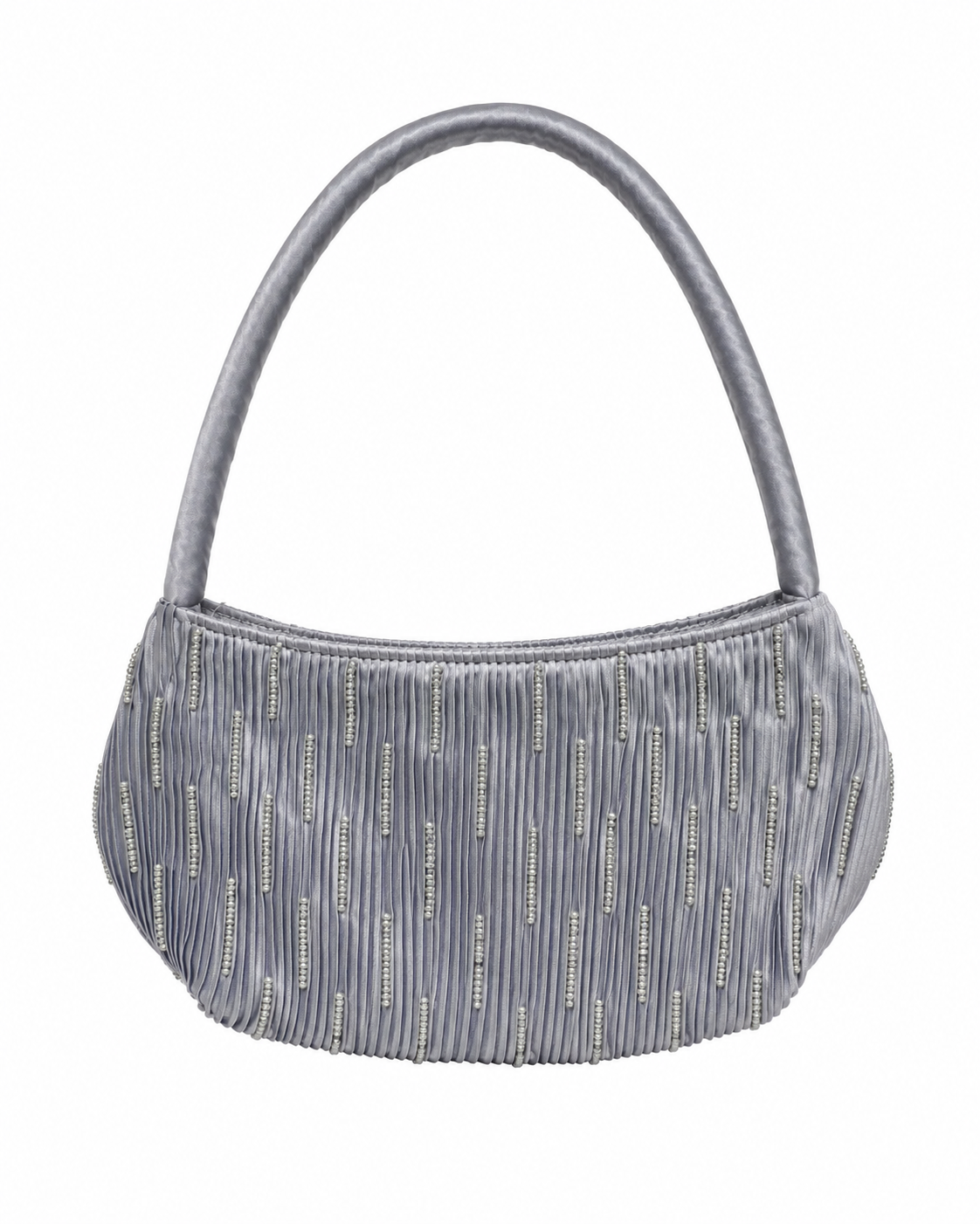 Bolsa vintage prateada em forma de baguete, bordada com missangas.