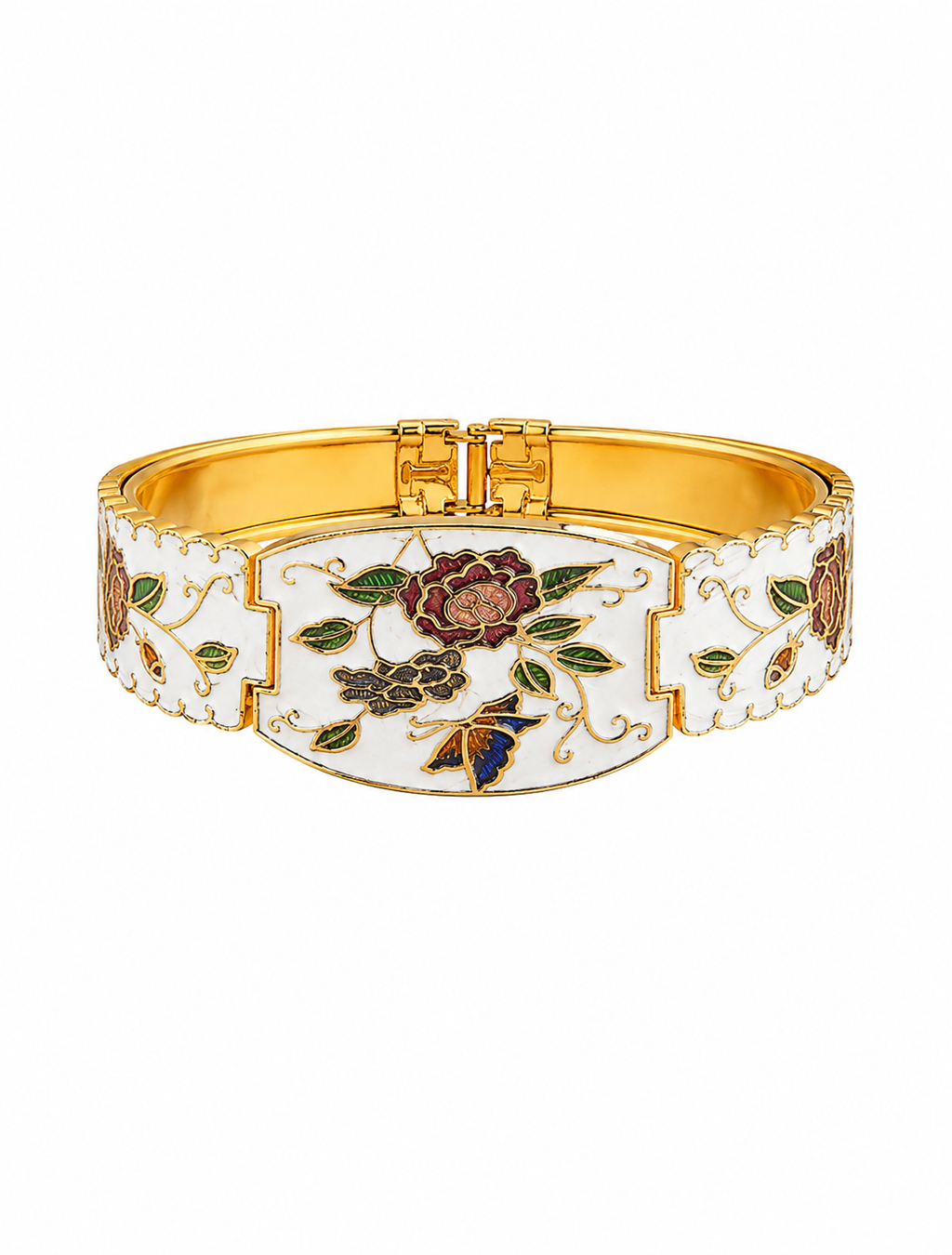 Pulsera vintage de cloisonné blanca con flores y mariposa