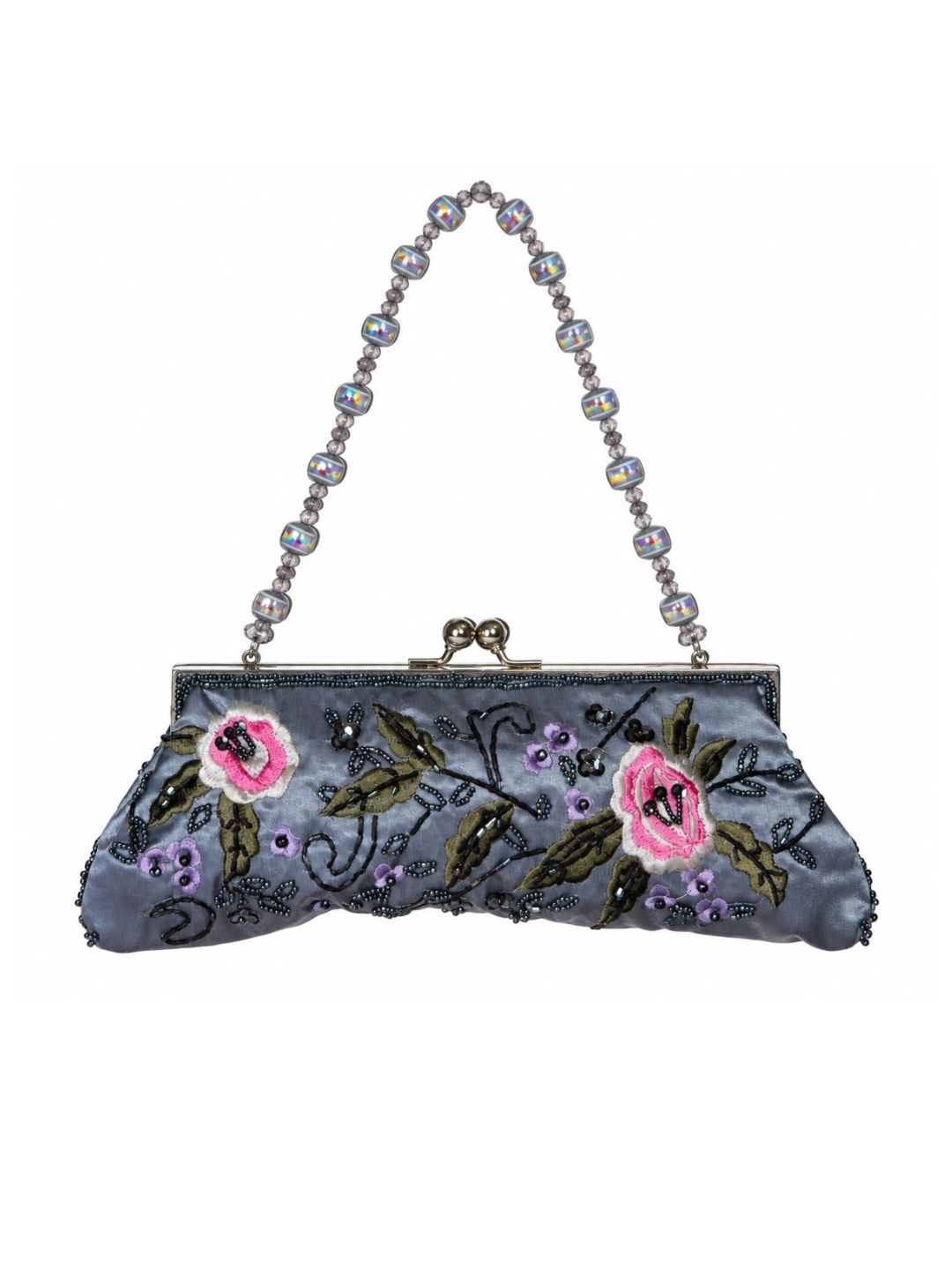Bolso vintage tipo clutch azul y gris con asa con abalorios