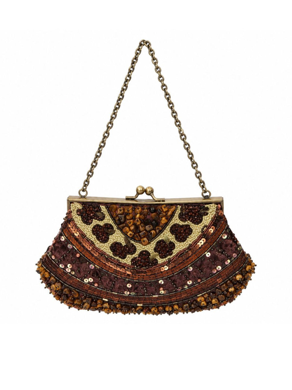 Bolso vintage marrón y ocres tipo clutch con cadena