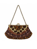 Bolso vintage marrón y ocres tipo clutch con cadena