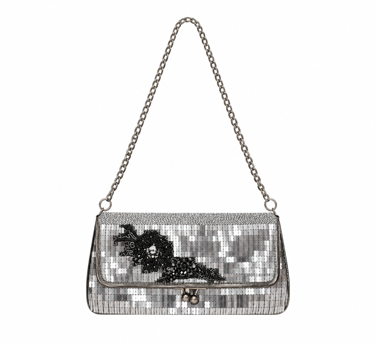 Bolsa vintage castanha estilo saco com flores vermelhas bordadas