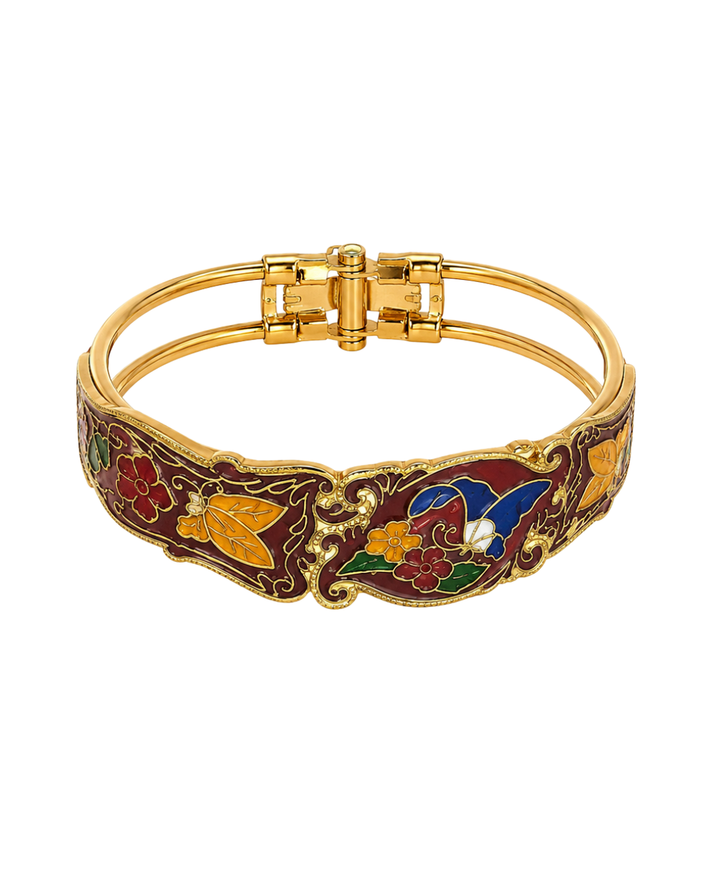 Pulsera vintage de cloisonné granate con mariposa y flores en mostaza, verze y azulón