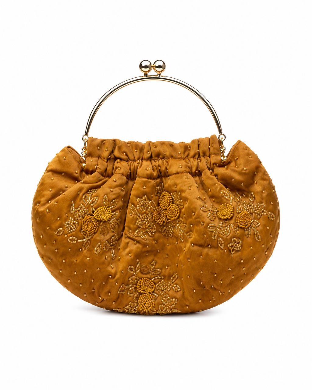 Bolso vintage tipo bombonera color camel con flores de hilo bordadas